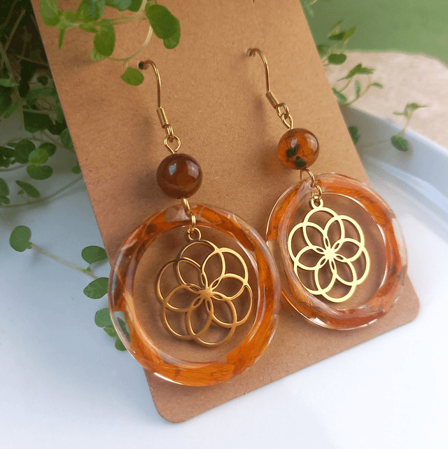 Boucles d'oreilles ∙ doré Fleur de vie Fleurs séchées Tagetes et pierre naturelle