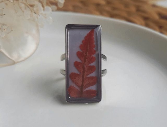 Bague argentée rectangulaire ⁃ Fougère flamboyante