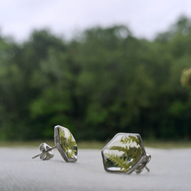 Puces d'oreilles ∙ argenté ∙ hexagonales ⬡ Fougère