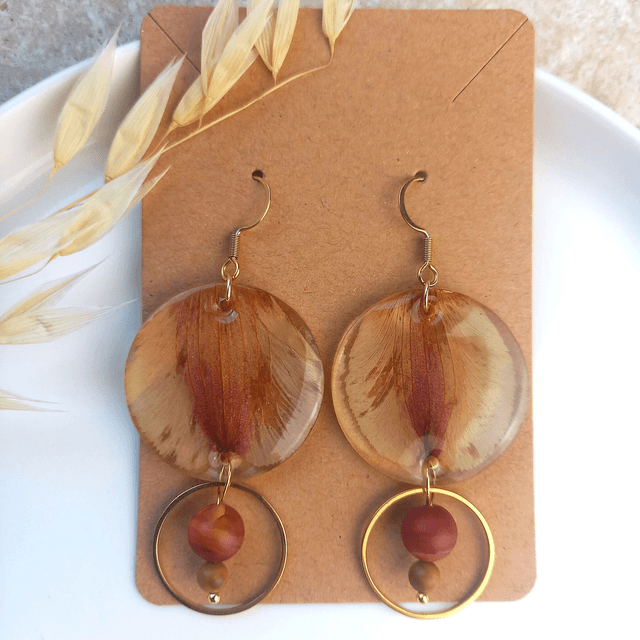 Boucles d'oreilles ∙ doré Fleurs séchées et perles de Cornaline et Jaspe Alstromeria 