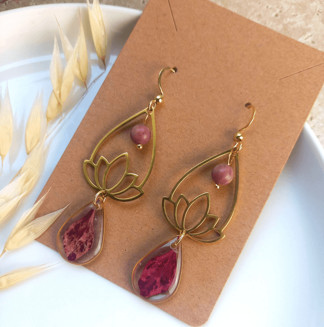 Boucles d'oreilles ∙ doré Lotus goutte de Berberis et pierre de Rhodonite