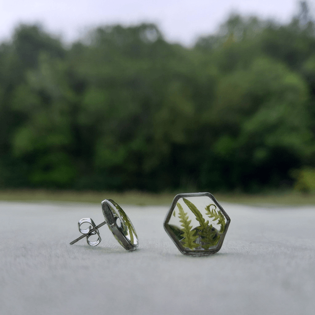 Puces d'oreilles ∙ argenté ∙ hexagonales ⬡ Fougère