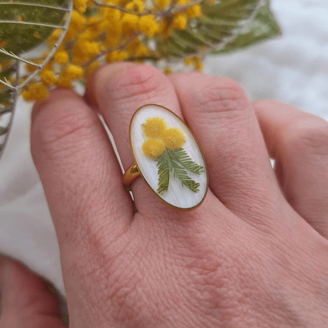 Bague dorée · Hermine bretonne en Fleurs de Mimosa
