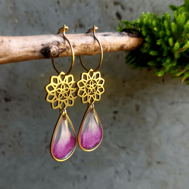Boucles d&#039;oreilles ∙ doré Mandala Fleurs séchées Dianthus