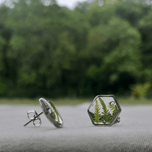 Puces d&#039;oreilles ∙ argenté ∙ hexagonales ⬡ Fougère
