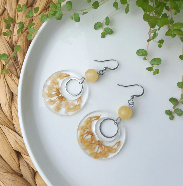 Boucles d&#039;oreilles ∙ argenté ∙ Fleurs séchées et pierre naturelle Créoles 
